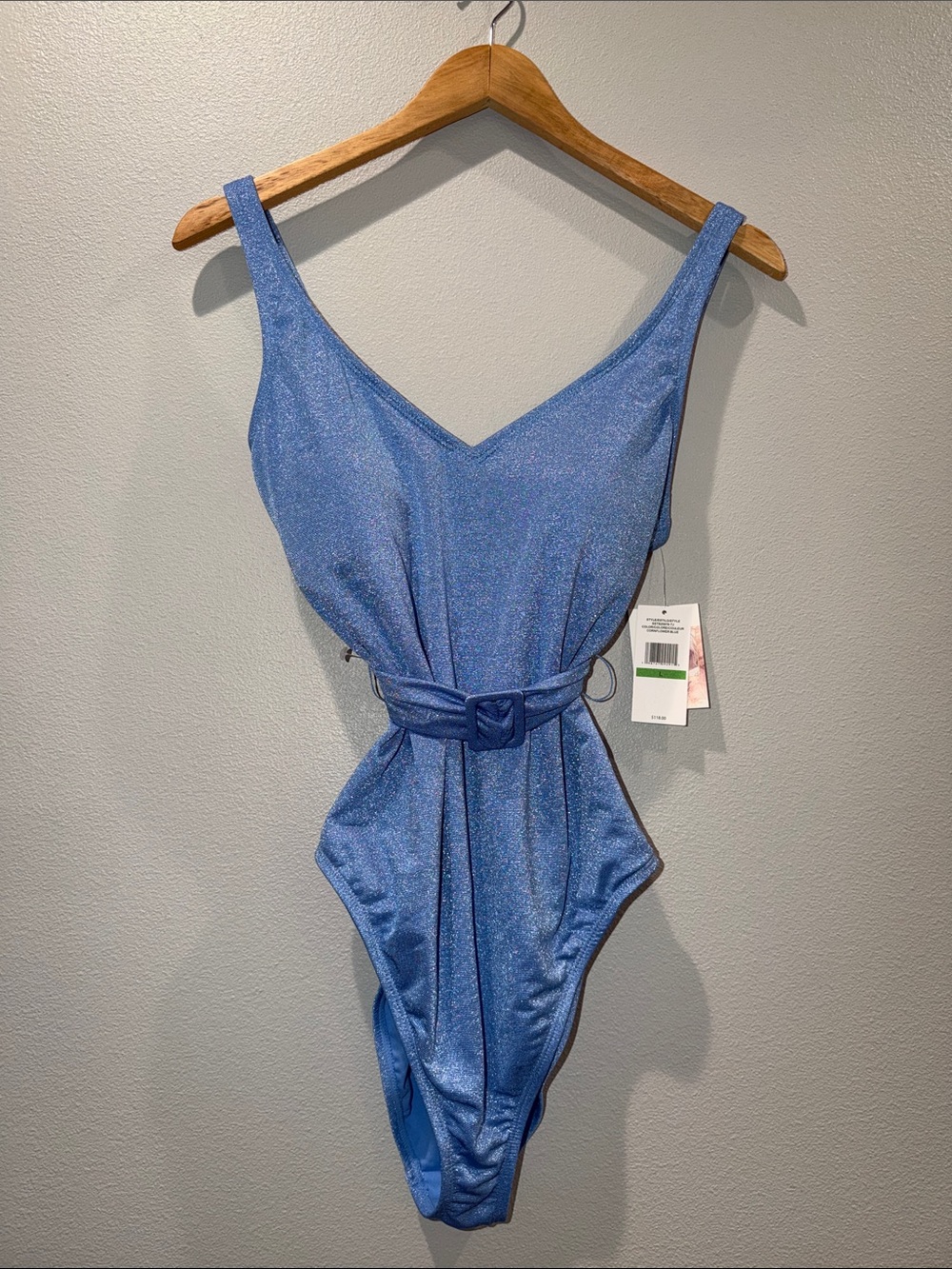 Jessica Simpson Shimmer Cornflower Blue One-Piece Swimsuit w/ Belt Size Large